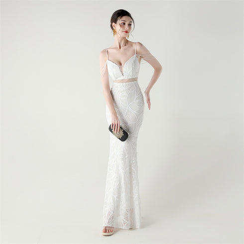 Graceful Sequin Embellished Mesh Mermaid Maxi Dress